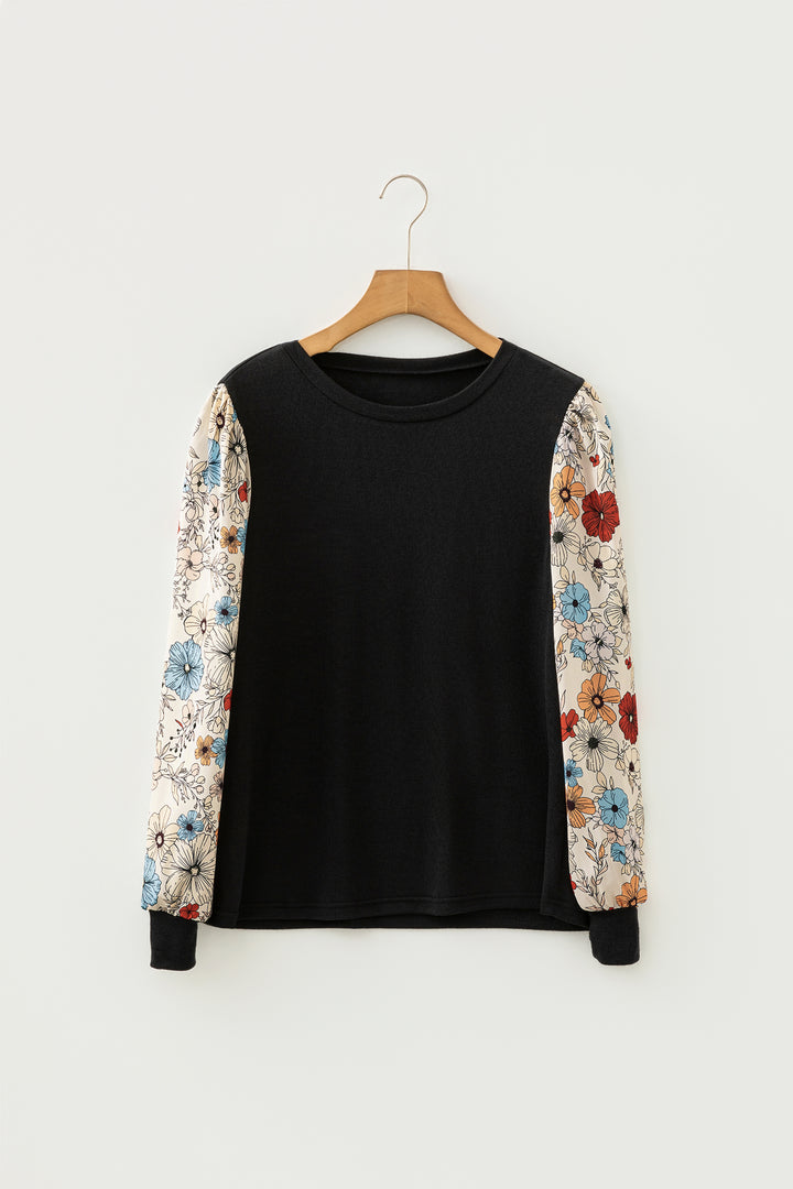 Apricot Flower Puff Sleeve Patchwork Top