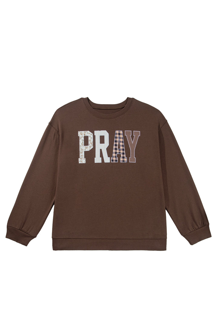 Coffee PRAY Letter Patchwork Round Neck Long Sleeve Plus Size Sweatshirt