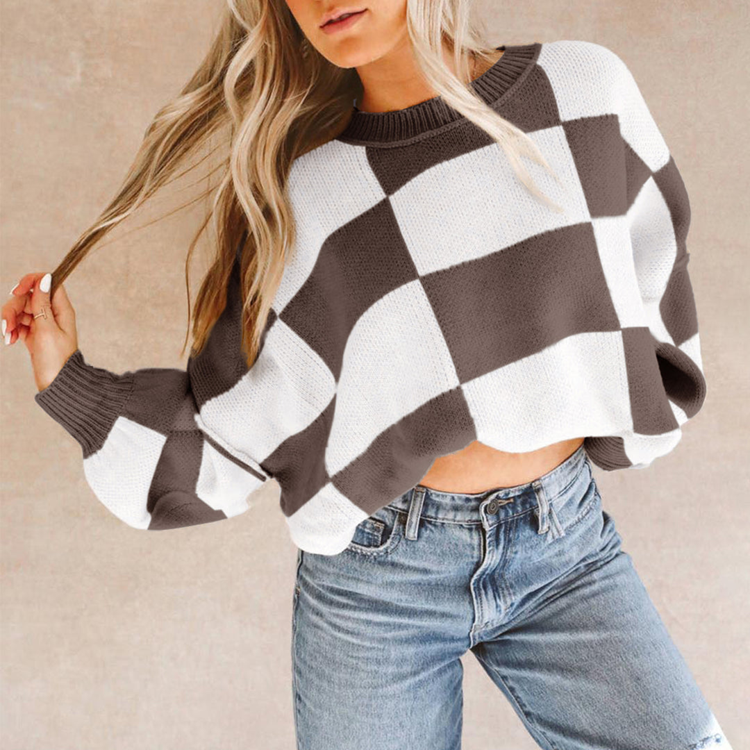 Khaki Checkered Bishop Sleeve Sweater