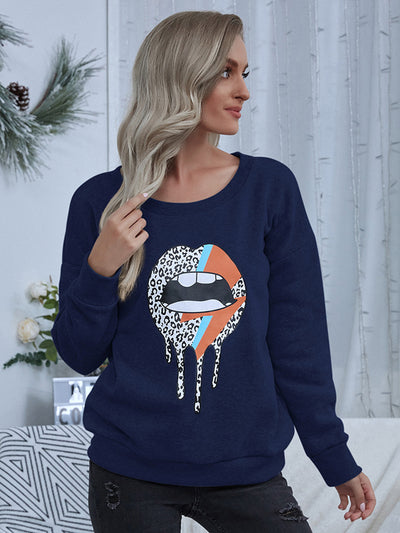 Shiny Lip Graphic Round Neck Sweatshirt