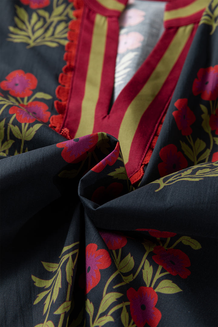 Black Floral Short Bubble Sleeve Contrast Slit Neckline Blouse