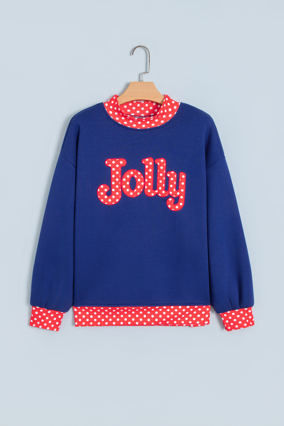 Fiery Red Polka Dot Letter Print Contrast Trim Mock Neck Sweatshirt