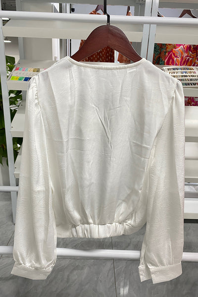 White Twisted Elastic Hem V Neck Crop Blouse