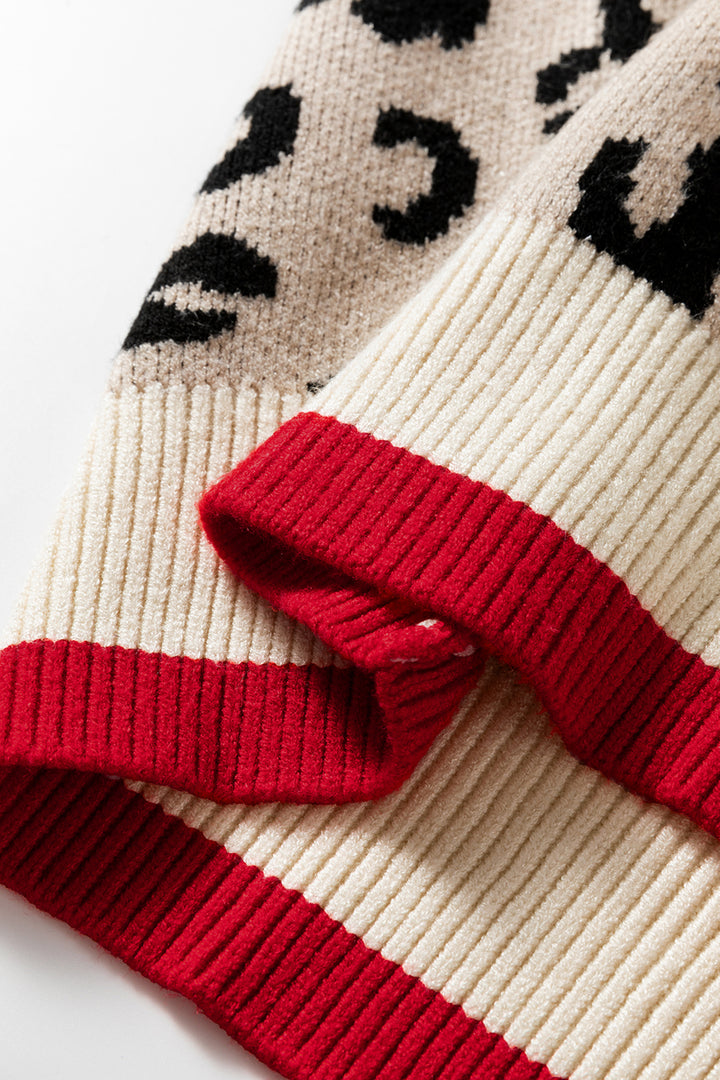 Khaki Leopard Pattern V-Neck Contrast Rib Knitted Sweater