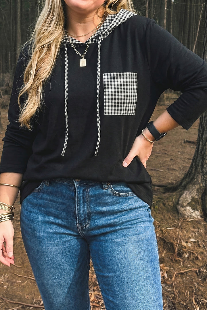 Black Hooded Gingham Paneling Chest Patch Pocket Long Sleeve Plus Size Blouse