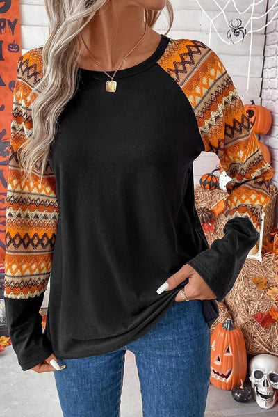 Orange Geo Print Raglan Patchwork Long Sleeve Tee