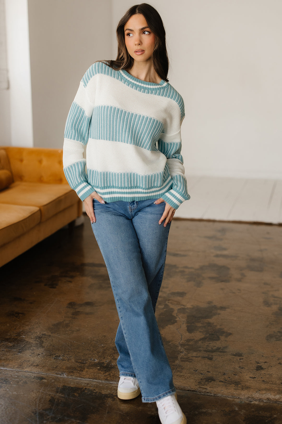 Light Blue Two Tone Striped Patchwork Drop Shoulder Loose Sweater