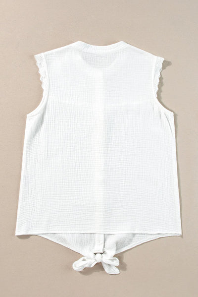 White Lace Trim Crinkle Knot Hem Sleeveless Shirt