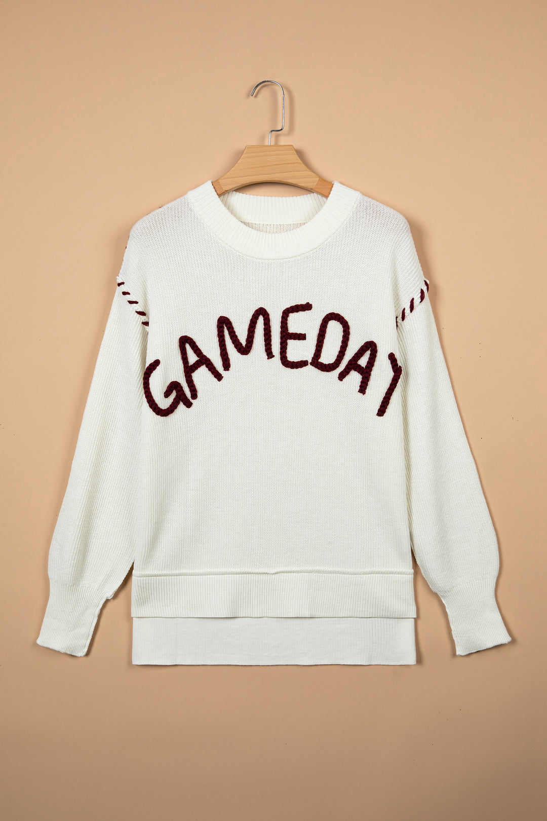Beige Drop Shoulder Game Day Letter Print Pullover Sweater