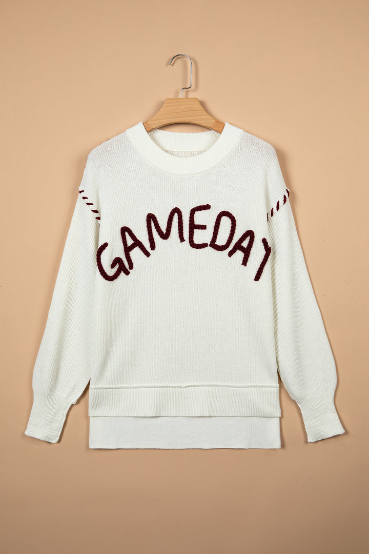 Beige Drop Shoulder Game Day Letter Print Pullover Sweater