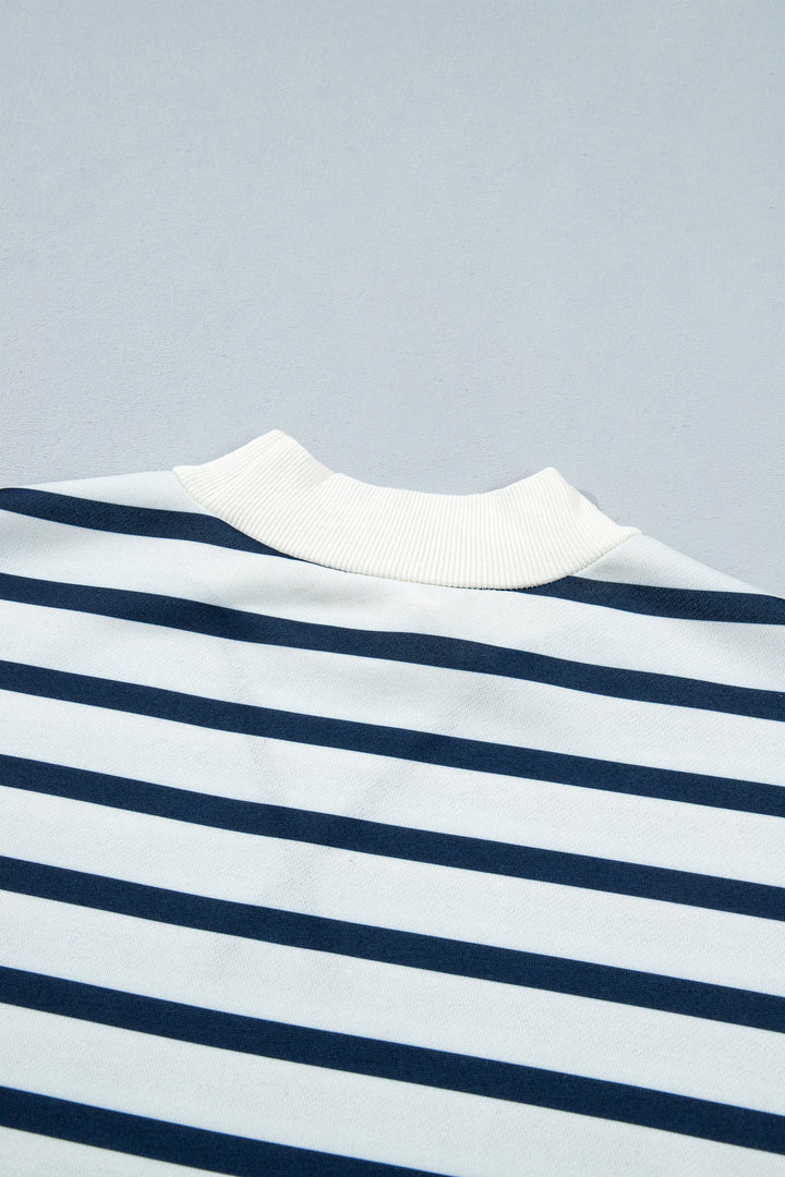 Blue Stripe Striped Ribbed Cuff Collar Pocket Loose Pant Set