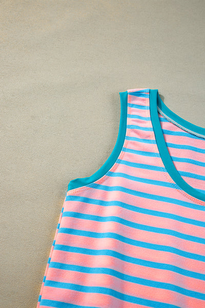 Pink Stripe Contrast Trim Pocketed Casual Tank Dress