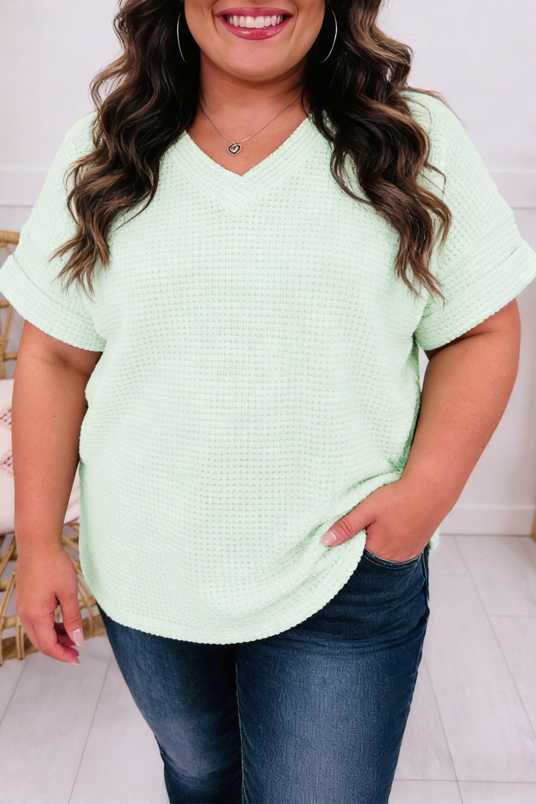 Wisteria V Neck Short Sleeve Plus Size Waffle Knit Top