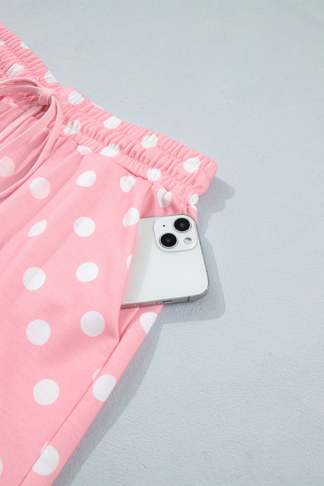 Beige Polka Dot Oversized Top Drawstring Short Set