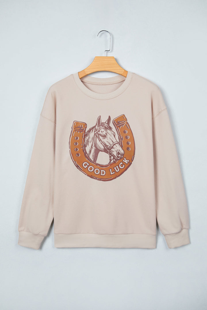 Beige GOOD LUCK Western Horse Print Oversized Pullover Sweatshirt