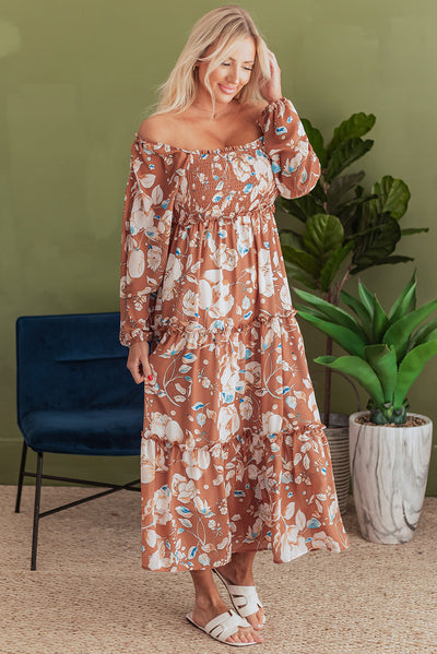 Brown Floral Print Shirred Square Neck High Waist Maxi Dress