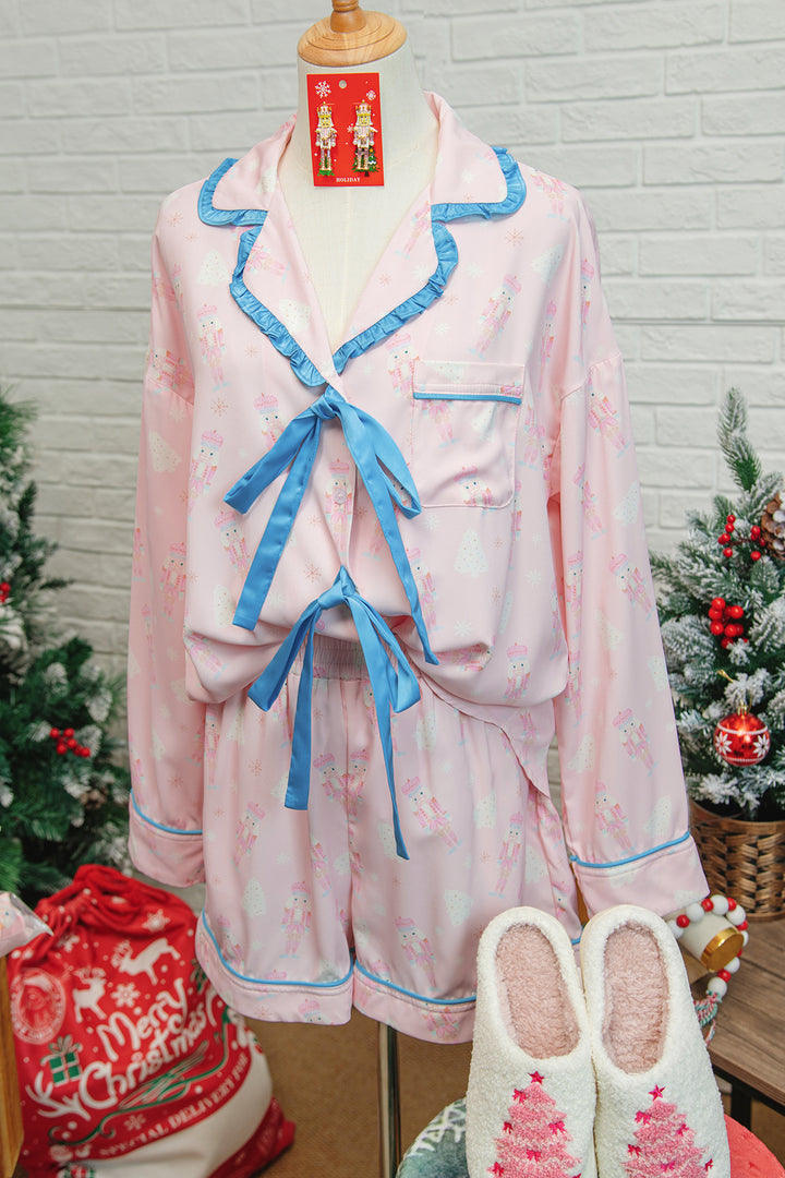 Pink Bow Tie Front Christmas Nutcracker Long Sleeve Shirt Shorts Pajama Set
