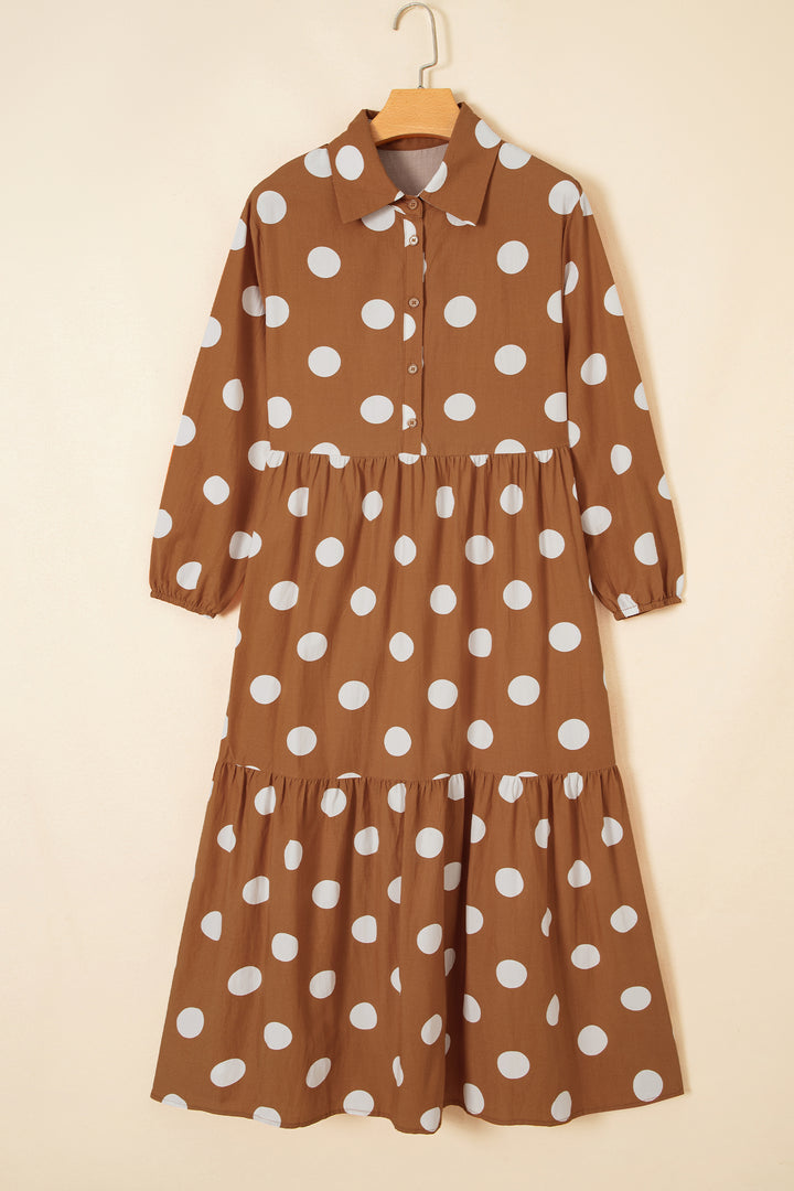 Brown Polka Dot Button Front Long Sleeve Shift Dress