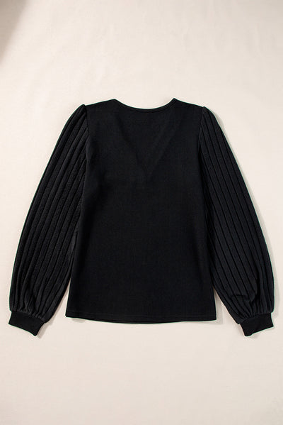 Black Buttoned V Neck Ribbed Puff Sleeve Top