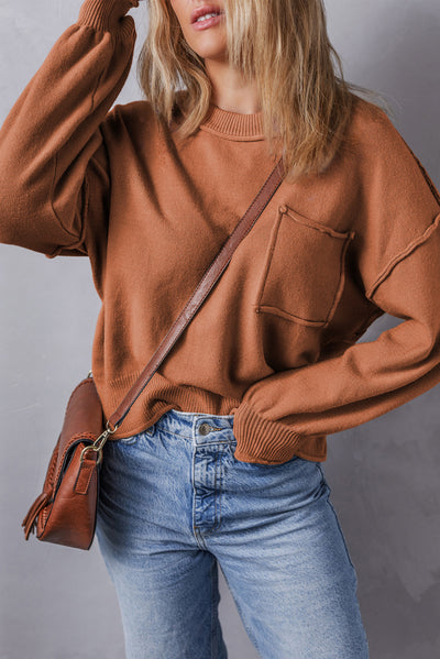 Apricot Raw Edge Patch Pocket Exposed Seam Loose Sweater