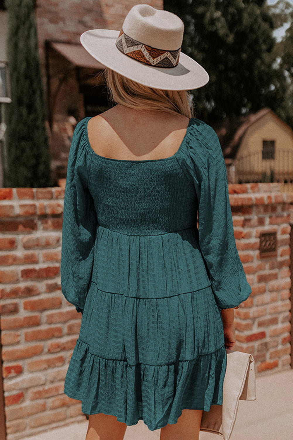 Mist Green Bishop Sleeve Smocked Tiered Mini Dress