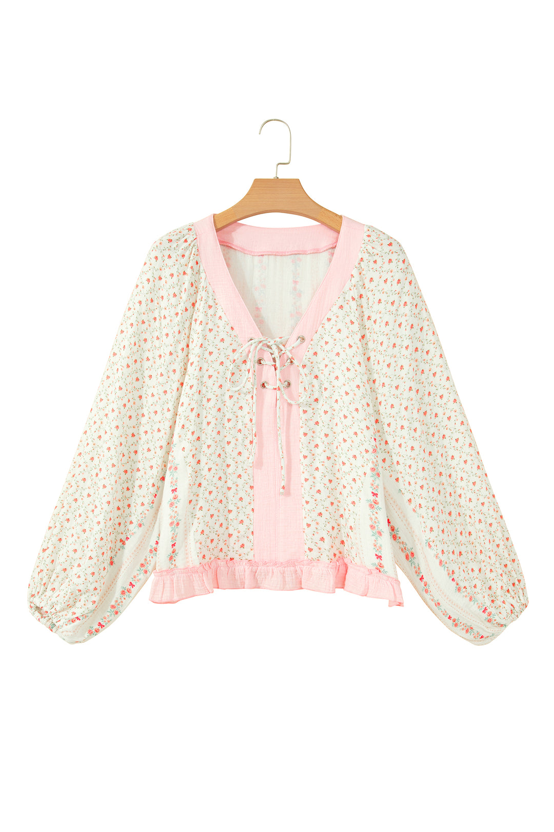 Beige Floral Print Color Block Trim Lace-up V Neck Long Sleeve Blouse