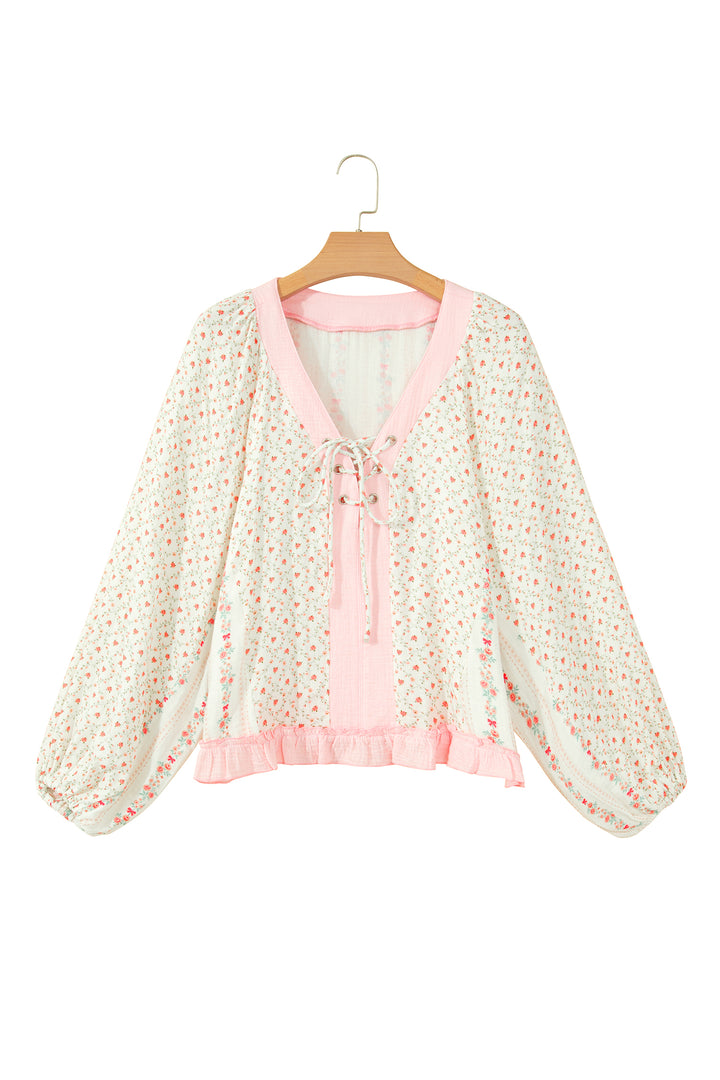 Beige Floral Print Color Block Trim Lace-up V Neck Long Sleeve Blouse