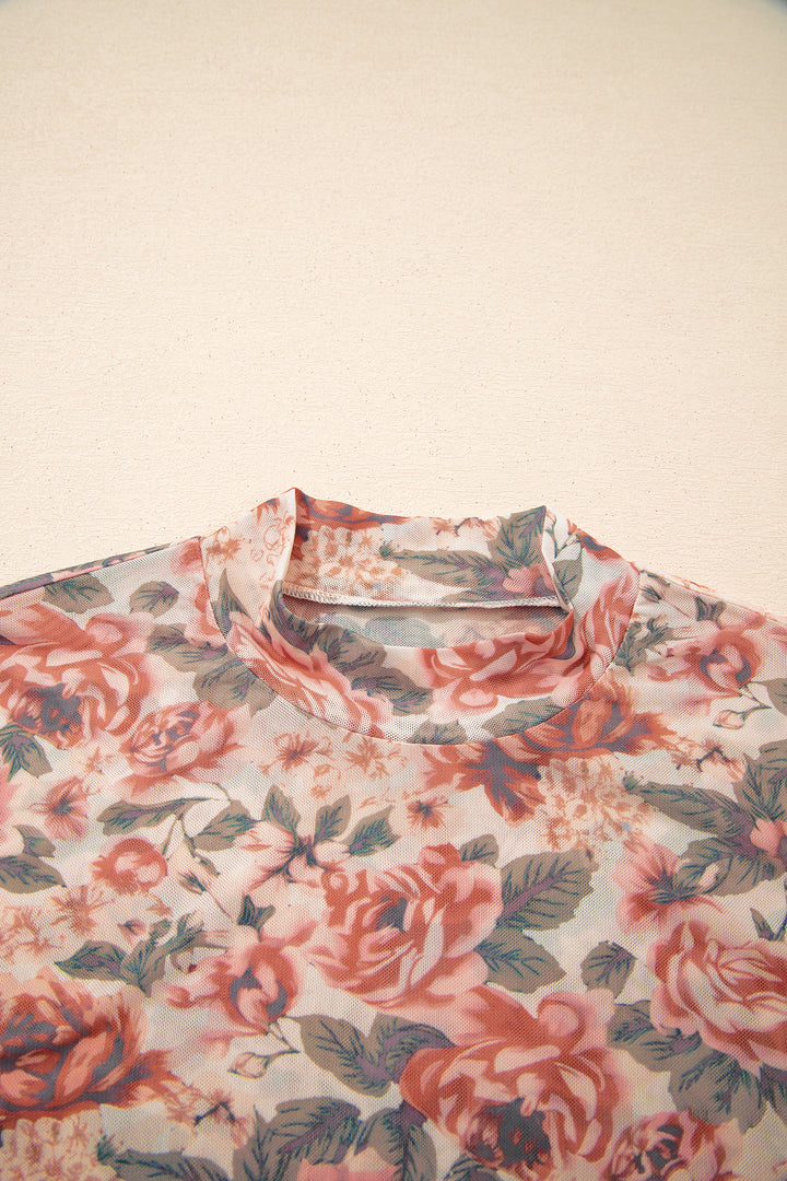 Black Retro Floral Print Mesh Long Sleeve Top