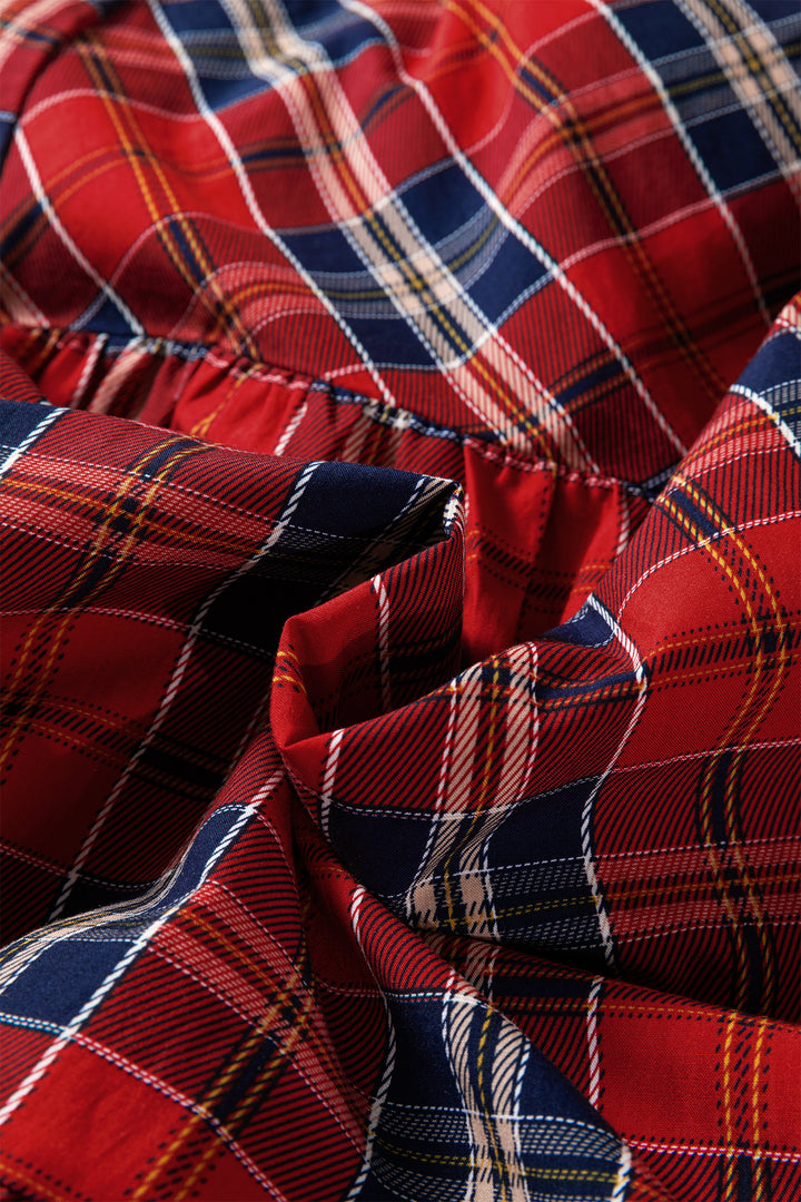 Red Plaid Print Frilly Collar Long Sleeve Shift Mini Dress