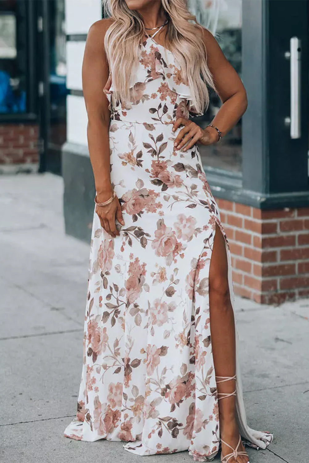 White Floral Slit Ruffled Halterneck Maxi Dress