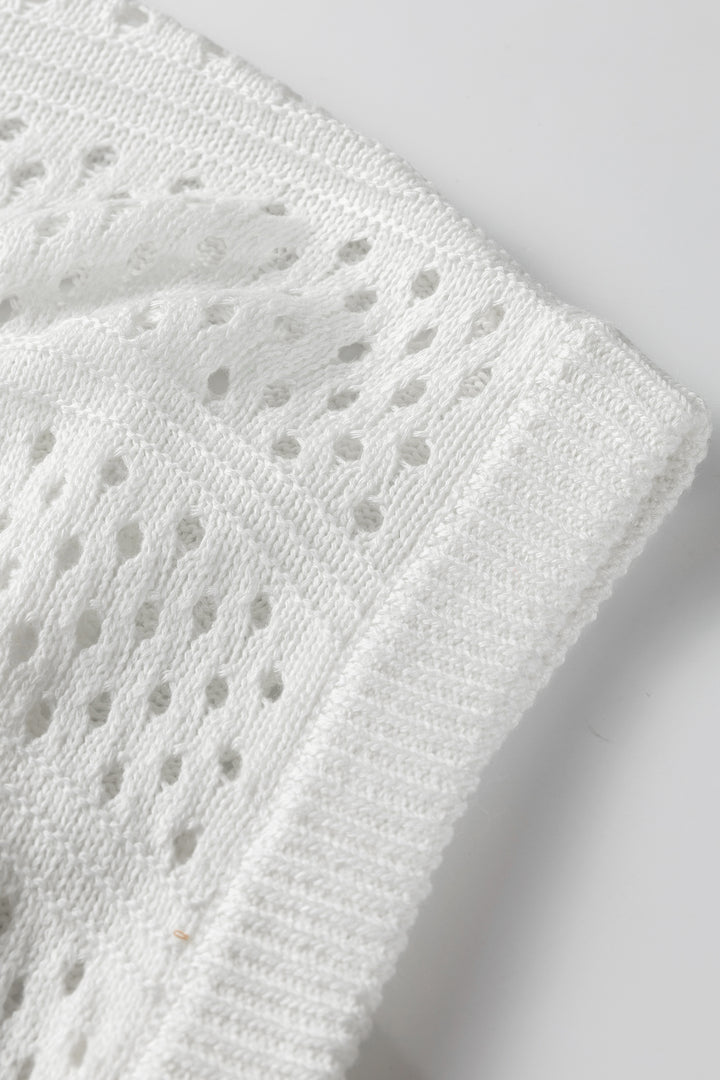 White Hollow Out Knit Round Neck Dolman Sweater