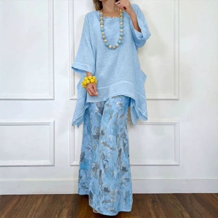 Cotton-Linen Irregular Hem Drop-Shoulder Top &amp; Wide-Leg Pants Set | 3 Colors