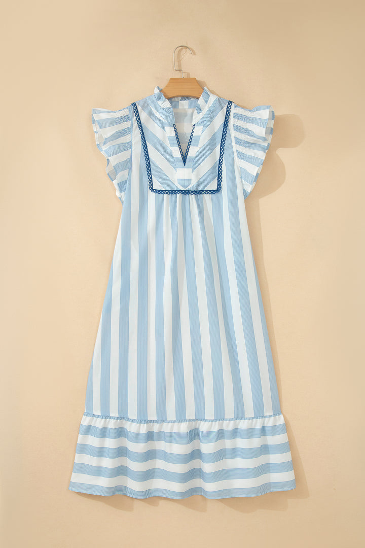 Sky Blue Stripe Subtle Lace Detail V Neck Ruffle Trim Casual Dress