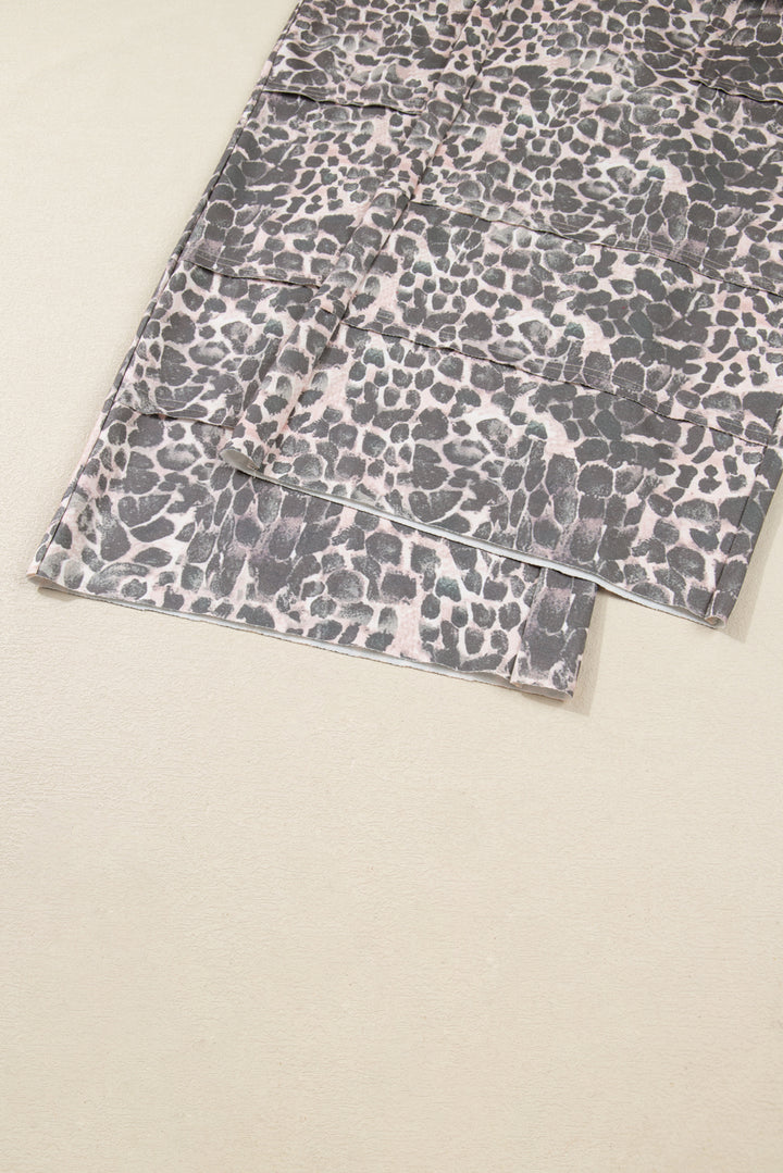 Khaki Plus Size Leopard Print Raw Edge Patch Pocket Drawstring Loose Pants