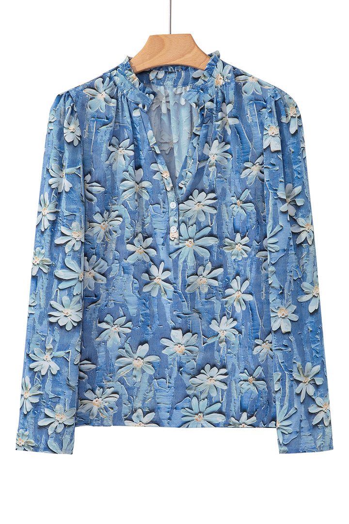 Sky Blue Fall Floral Half Placket Collared V Neck Blouse