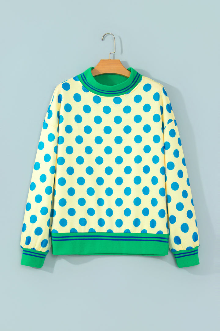 Rose Polka Dot Striped Trim Mock Neck Sweatshirt