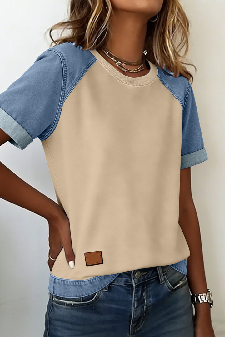 Beige Denim Color Block Patchwork Round Neck Tee