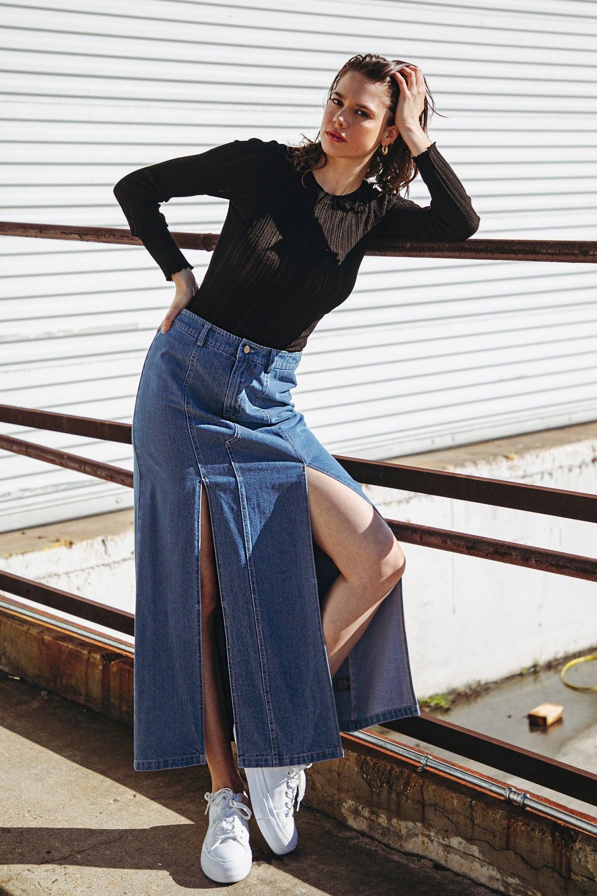 SWEET TALKING DENIM MIDI SKIRT