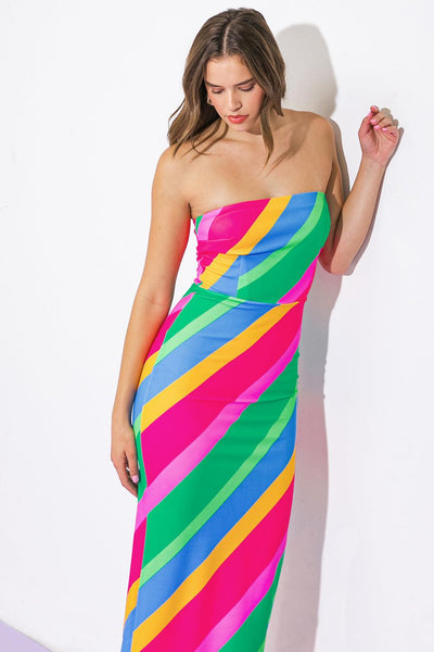 Close-up of colorful strapless midi dress with diagonal stripes.