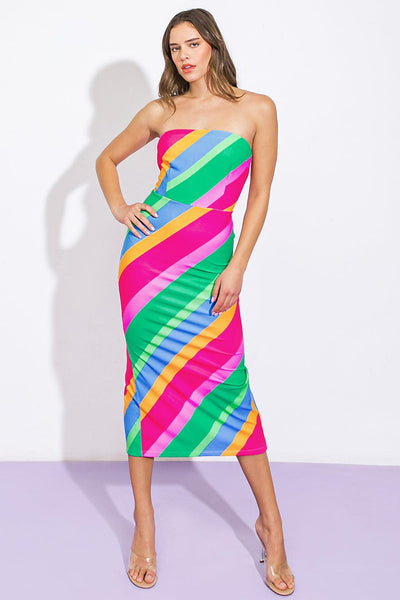 Colorful strapless midi dress with diagonal stripes, front view.