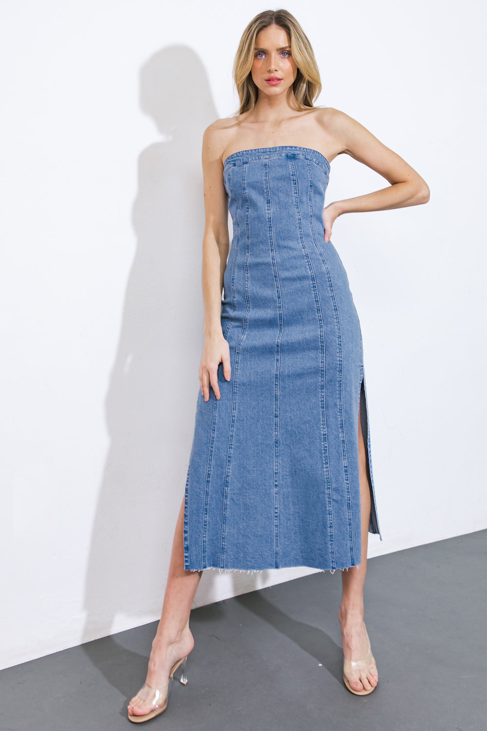 YOU'RE THRIVING DENIM MIDI DRESS