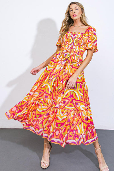 Fuchsia lime woven midi dress with vibrant pattern, front view