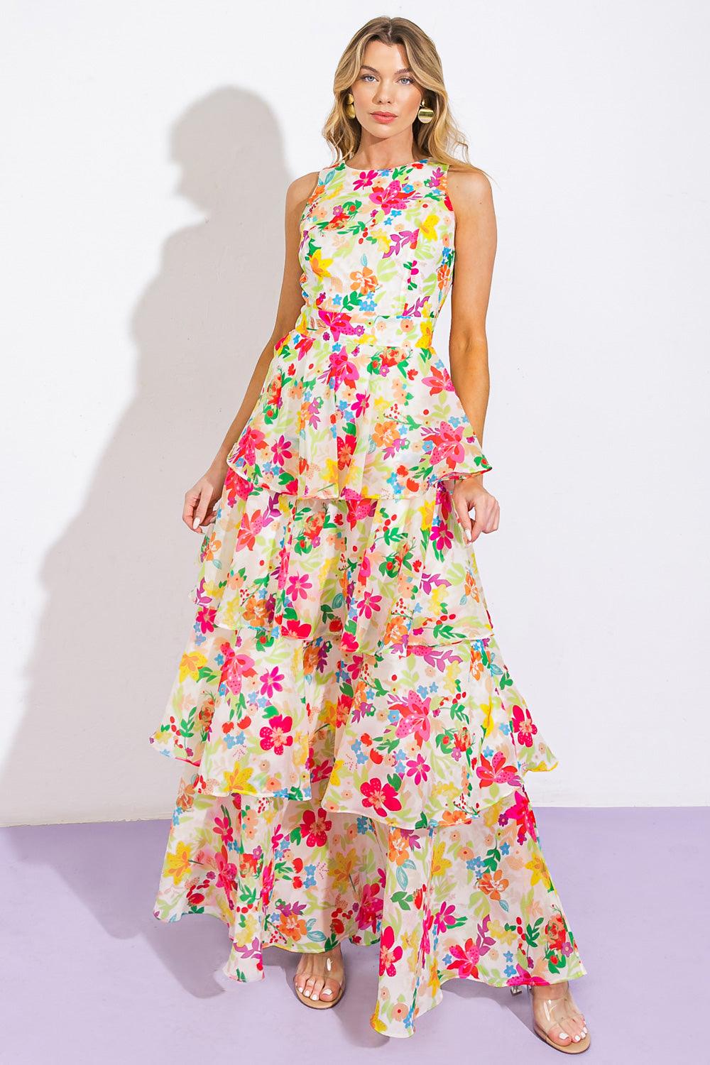 Floral high-rise woven maxi dress with tiered ruffles, front view.