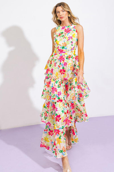 Model wearing floral high-rise woven maxi dress, full length.