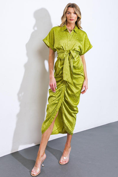 Full view of yellow green satin midi dress with short sleeves