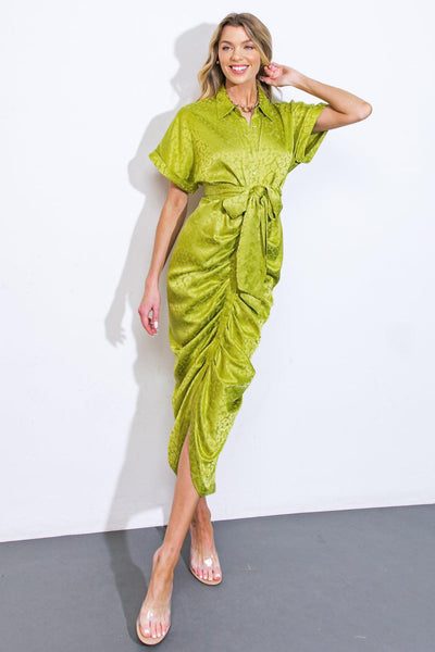 Yellow green woven satin midi dress with ruched design