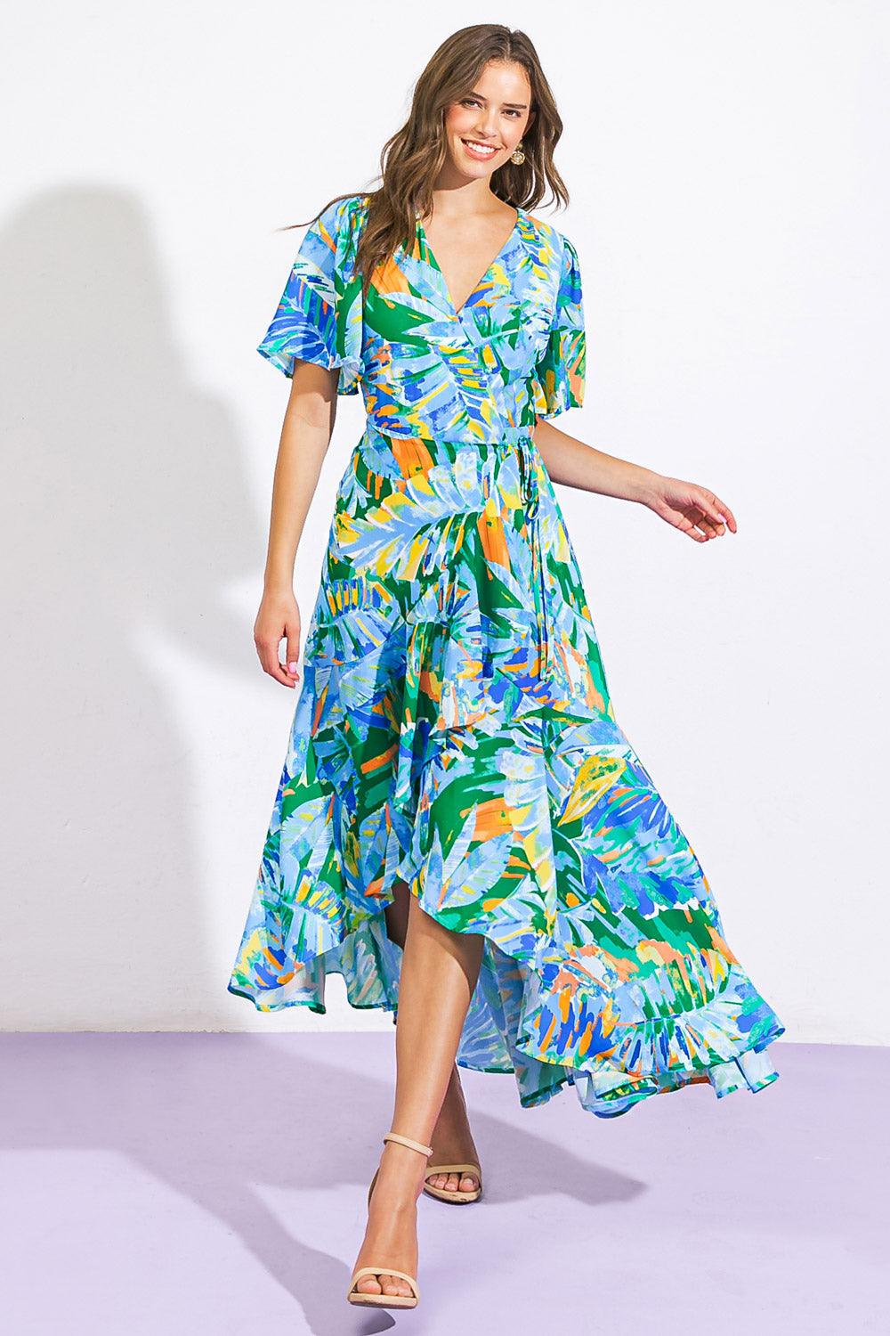 Colorful woven hi-lo dress with vibrant abstract pattern