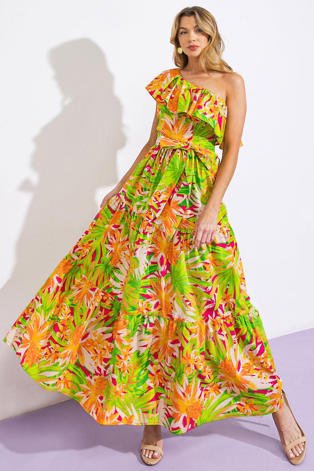 Vibrant floral poplin maxi dress with one-shoulder design