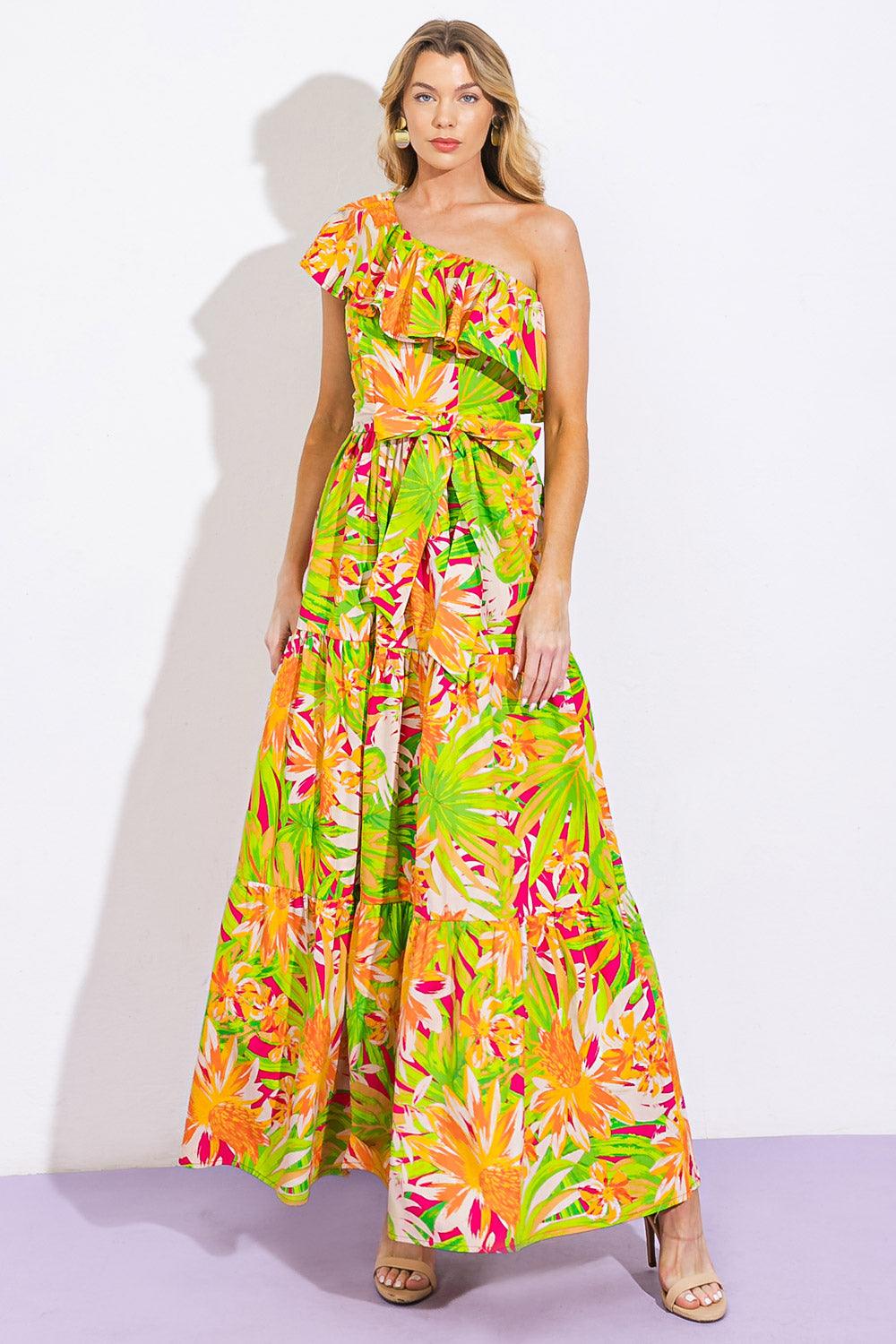 Front view of floral poplin maxi dress with ruffle detail