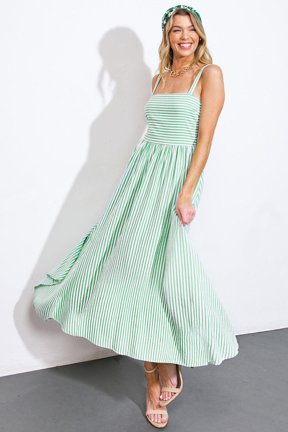 Green striped woven midi dress with spaghetti straps